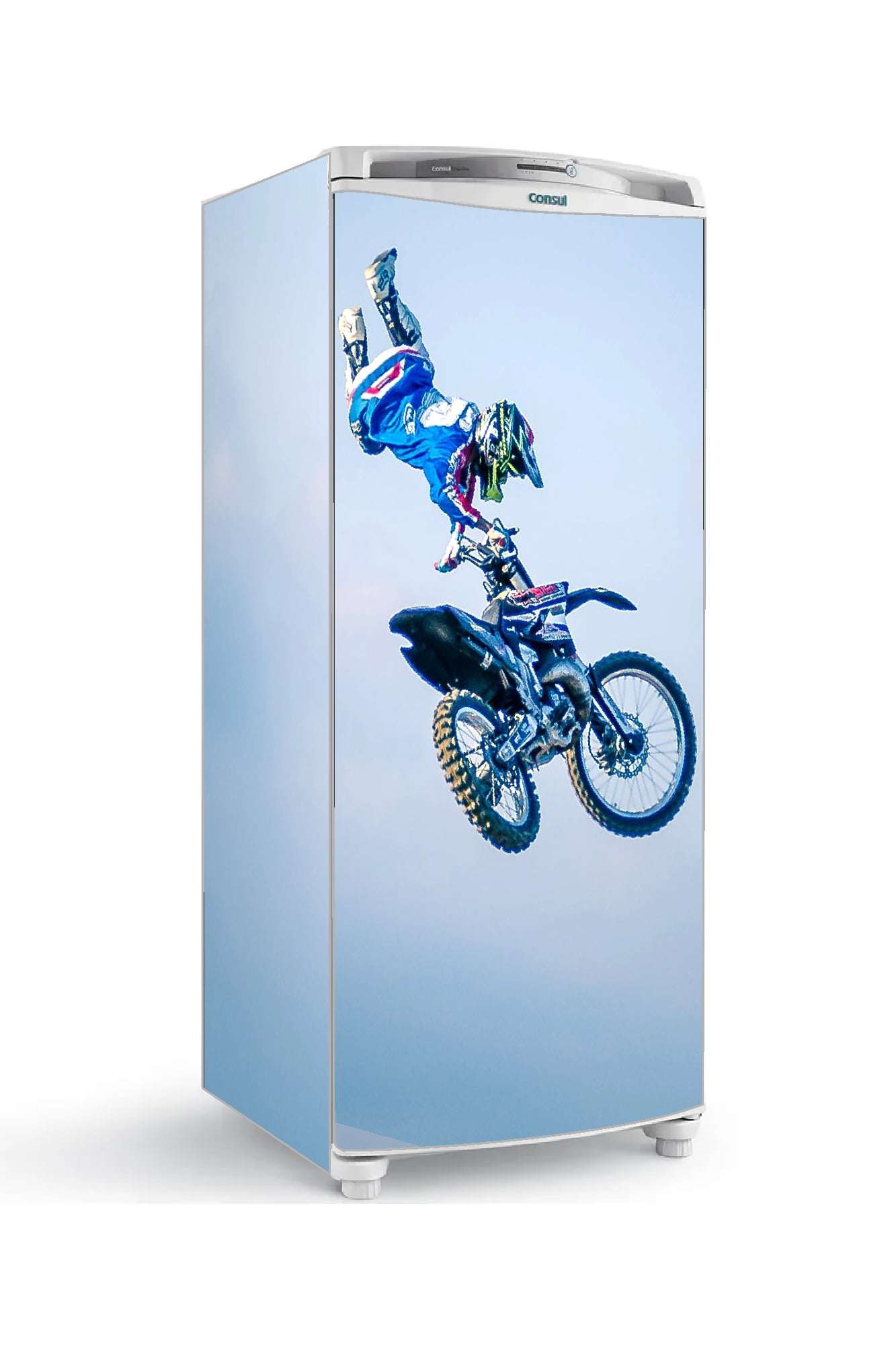 adesivo geladeira envelopamento salto motocross ceu azul