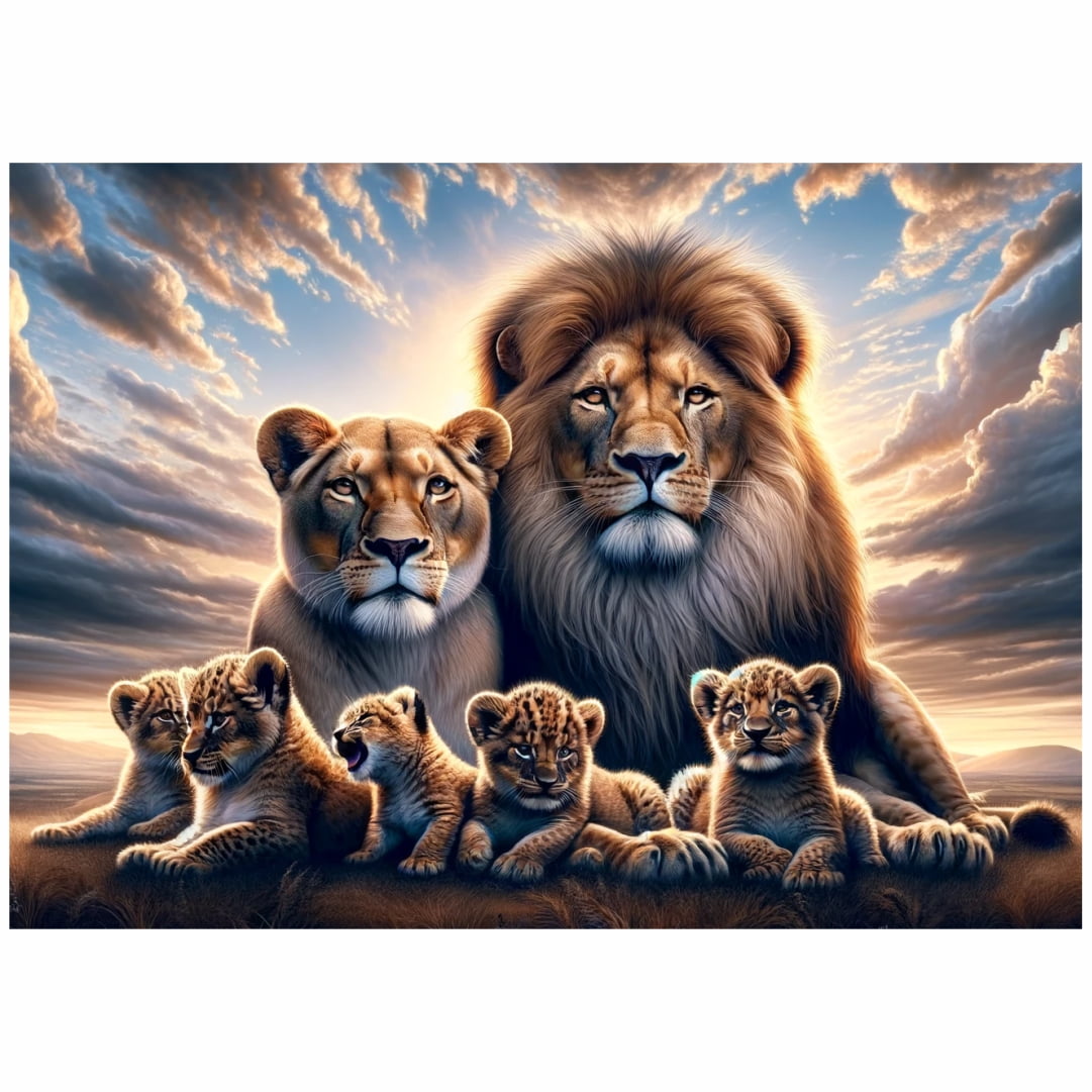 Quadro Casal de Leões com Cinco Filhotes