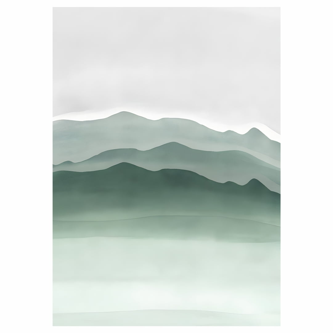 Quadro Abstrato Silhuetas de Montanhas Tons de Verde 