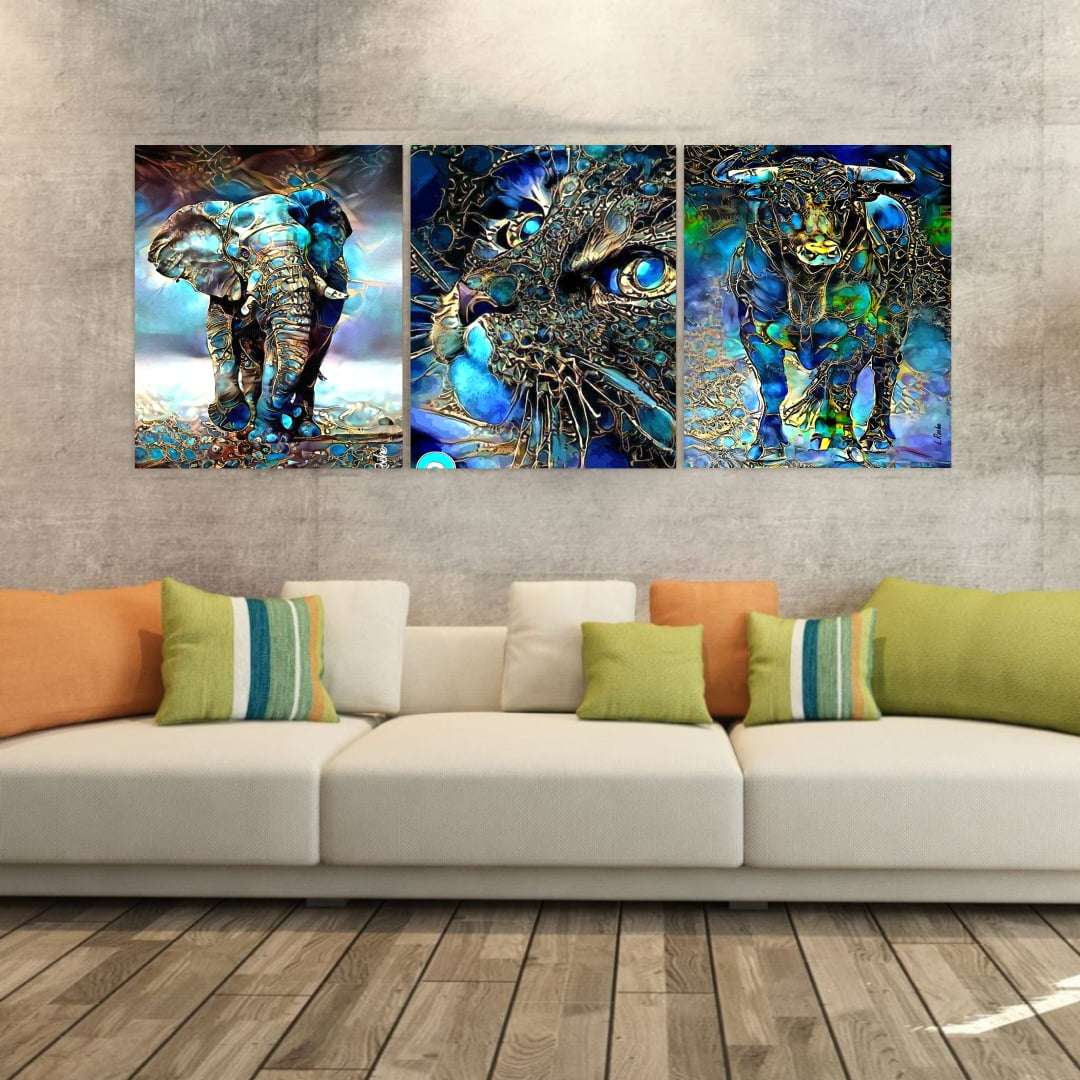 Quadro animais abstratos azul decorativo