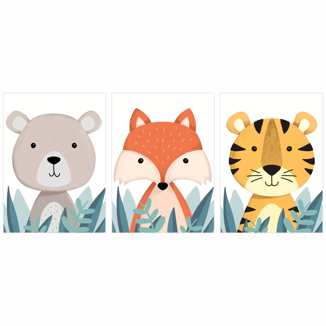 Quadro baby tigre raposa e urso para crianças decorativo