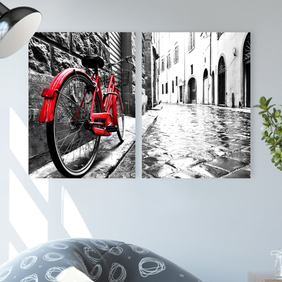 Quadro Fotografia Bicicleta Tons de Cinza e Vermelho