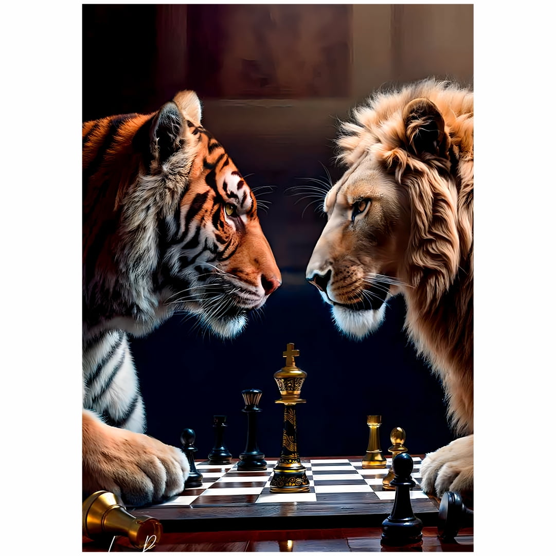 Quadro Leão e Tigre Mesa de Xadrez 