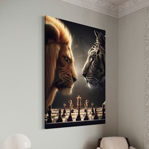 Quadro Leão e Tigre Tabuleiro de Xadrez