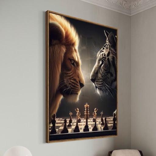 Quadro Leão e Tigre Tabuleiro de Xadrez