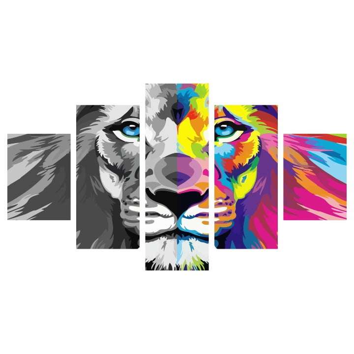 Quadro leão meio a meio colorido preto e branco decorativo