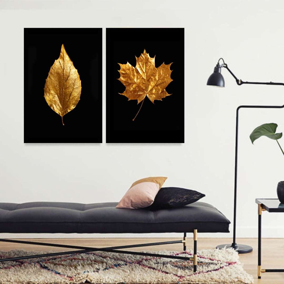 Quadro Luxo Dupla de Folhas Douradas Elegance