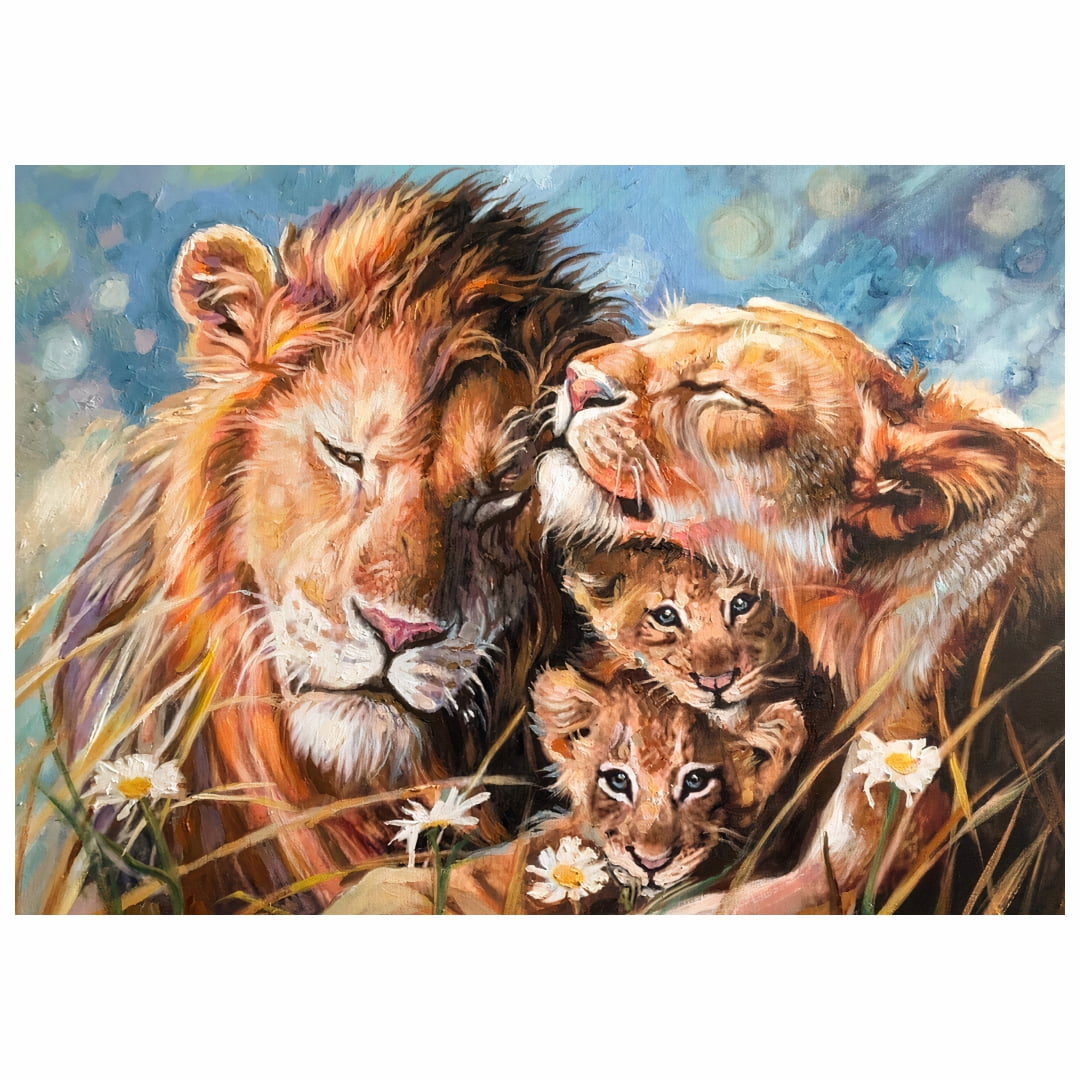 Quadro Luxo Pintura Família de Leões dois filhotes decorativo