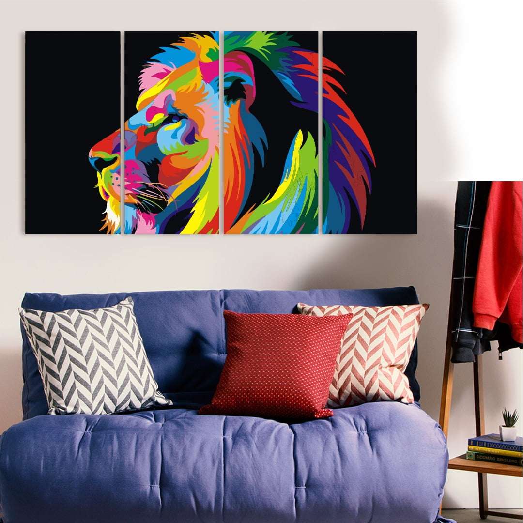 Quadro Leão colorido aquarela 