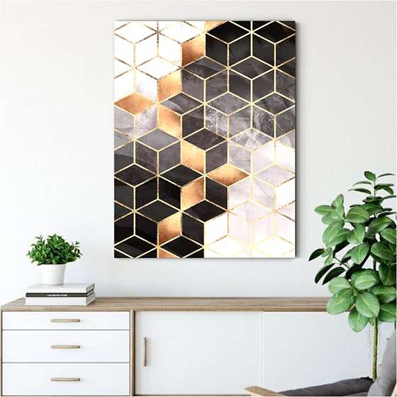 Quadro Abstrato Cubos Dourado e Preto 65x50