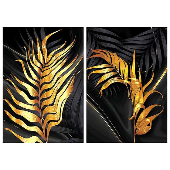 Quadros Decorativos Folhas Douradas e Pretas 65x50