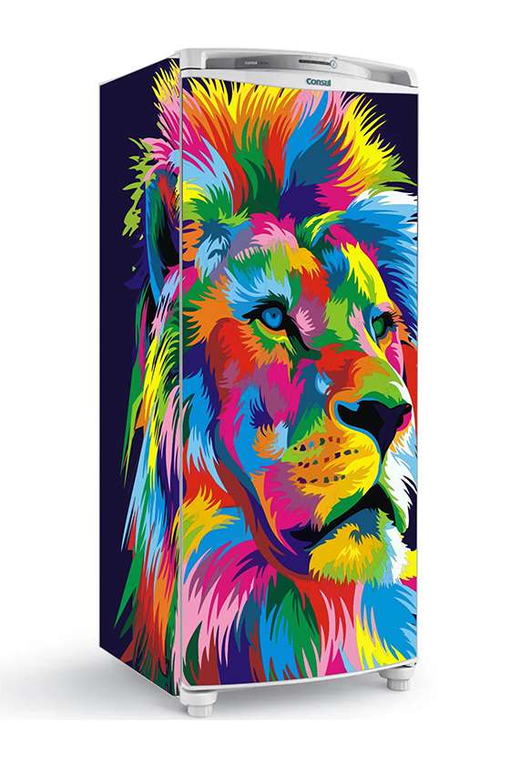 Envelopamento Geladeira Total leão colorido juba ao vento