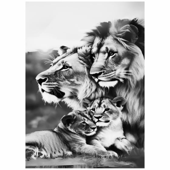Quadro Leão e Leoa Casal Dois Filhotes Preto e Branco