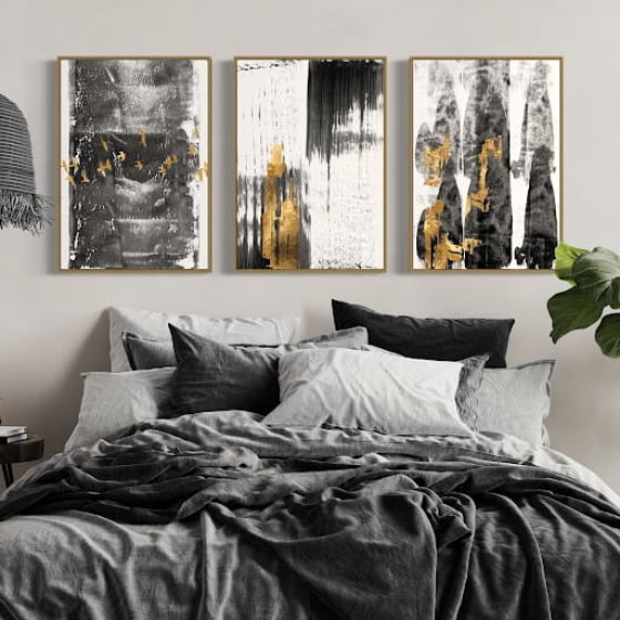Quadro Abstrato Manchas Preto e Dourado Decorativo