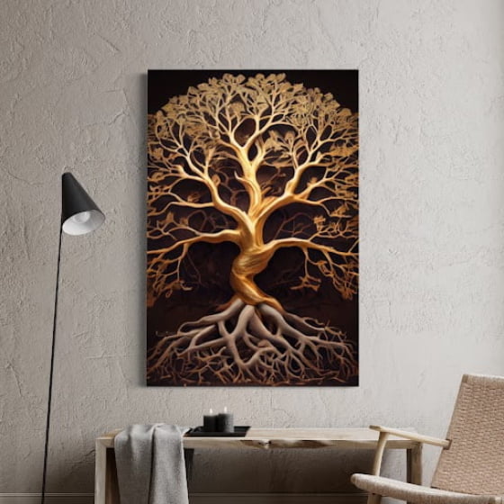 Quadro Árvore Dourada da Vida com Raízes e fundo Preto 1 peça