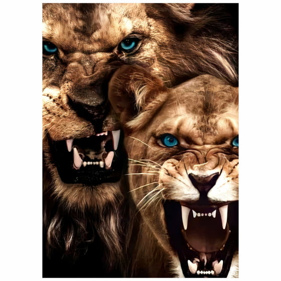 Quadro Leão e Leoa Casal Feroz Olhos Azuis