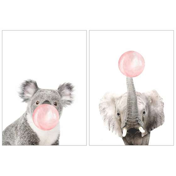 Quadros Elefante Coala Mascando Chiclete Bubble Gum Kit 2 Peças