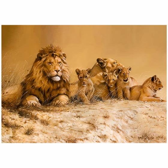 Quadro Família de Leão com Quatro Filhotes
