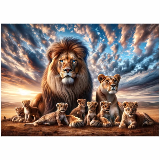 Quadro Família de Leão com Sete filhotes