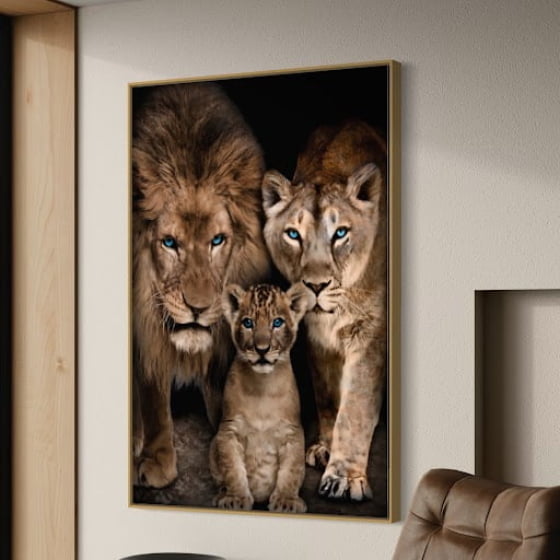Quadro Família de Leão um Filhote Olhos Azuis 