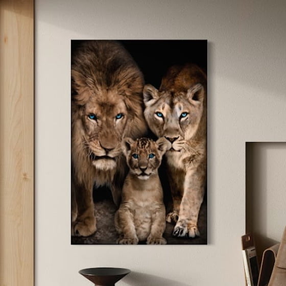 Quadro Família de Leão um Filhote Olhos Azuis 