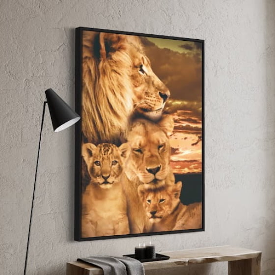 Quadro familia de leoes com dois filhotes para decorar