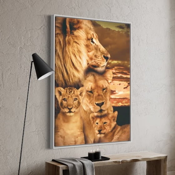 Quadro familia de leoes com dois filhotes para decorar