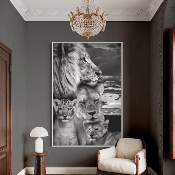 Quadro familia de leoes dois filhtotes preto e branco