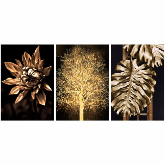 Quadro Flor Árvore e Folha Costela de Adão Douradas Gold