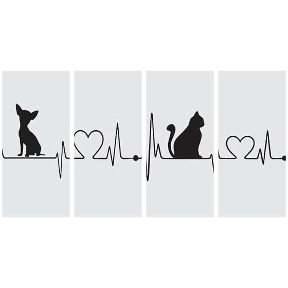Quadro gato cachorro amor batimentos cardiacos cinza decorativo