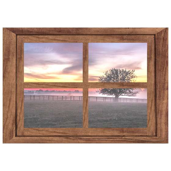 Quadro imitando janela fechada com paisagem de campo decorativo