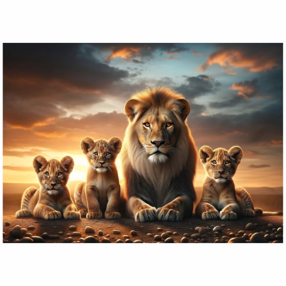 Quadro Leão com Três Filhotes Por do Sol