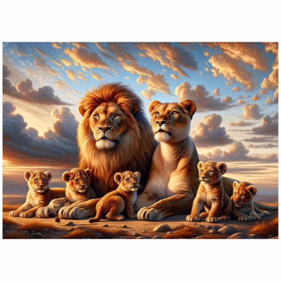 Quadro Leão e Leoa com Cinco Filhotes