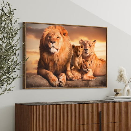 Quadro leão e Leoa Dois Filhotes Decorativo
