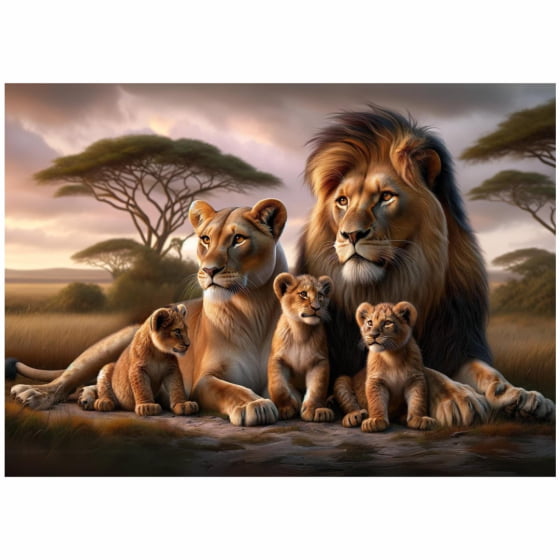 Quadro Leão e Leoa Família Savana Três Filhotes