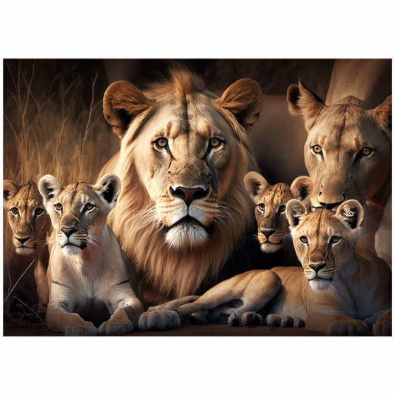 Quadro Leão e Leoa quatro filhotes Decorativo