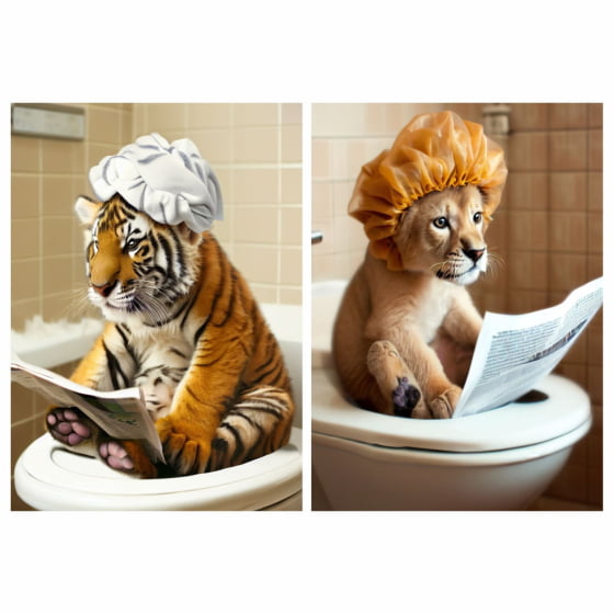 Quadro Leão e Tigre Baby Com Toca de Banho