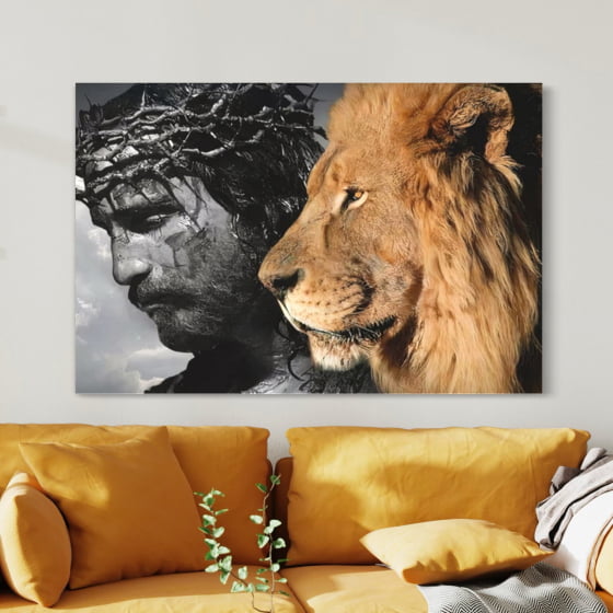 Quadro Leão Jesus Coroa de Espinhos 