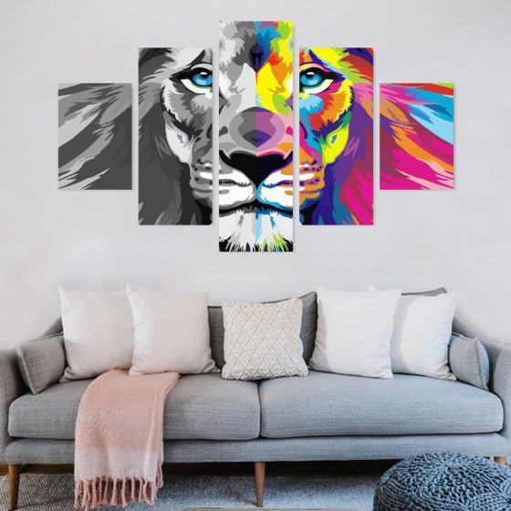 Quadro leão meio a meio colorido preto e branco decorativo