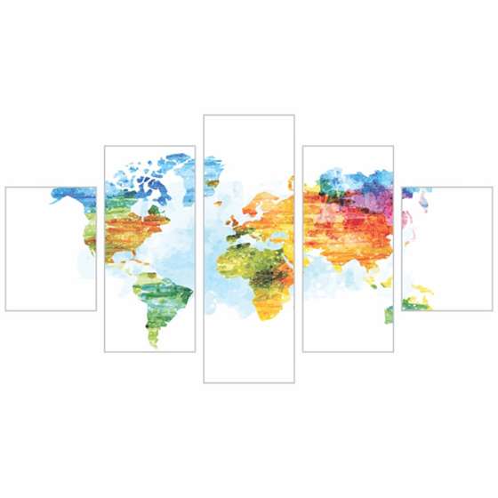 Quadro Mapa Mundi Colorido Conjunto 5 peças