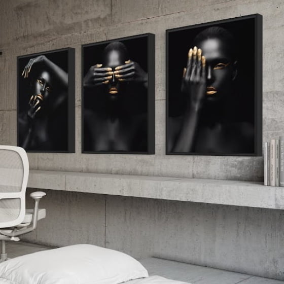 Quadro Decorativo Moderno Black Faces With Gold Kit com 3 Quadros