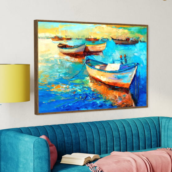 Quadro Pintura Barcos Mar Azul