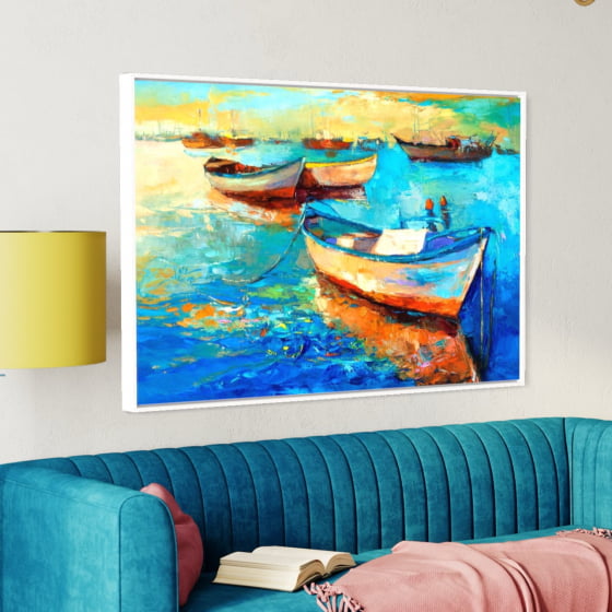 Quadro Pintura Barcos Mar Azul