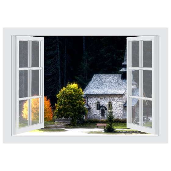 quadro simulador de janela paisagem igreja floresta decorativo