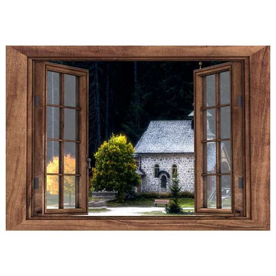 Quadro simulando janela com paisagem igreja decorativo