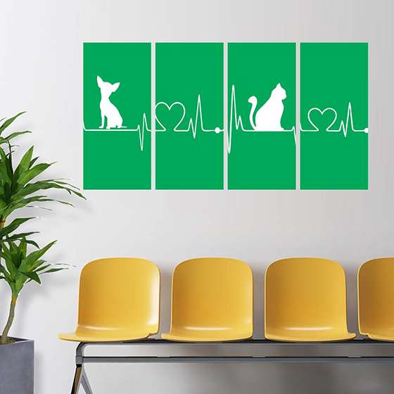 Quadro gato cachorro amor batimentos cardiacos verde decorativo