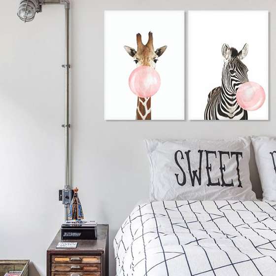 Quadros Girafa Zebra Mascando Chiclete Bubble Gum Kit 2 Peças