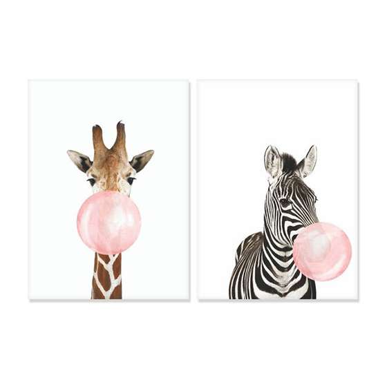 Quadros Girafa Zebra Mascando Chiclete Bubble Gum Kit 2 Peças